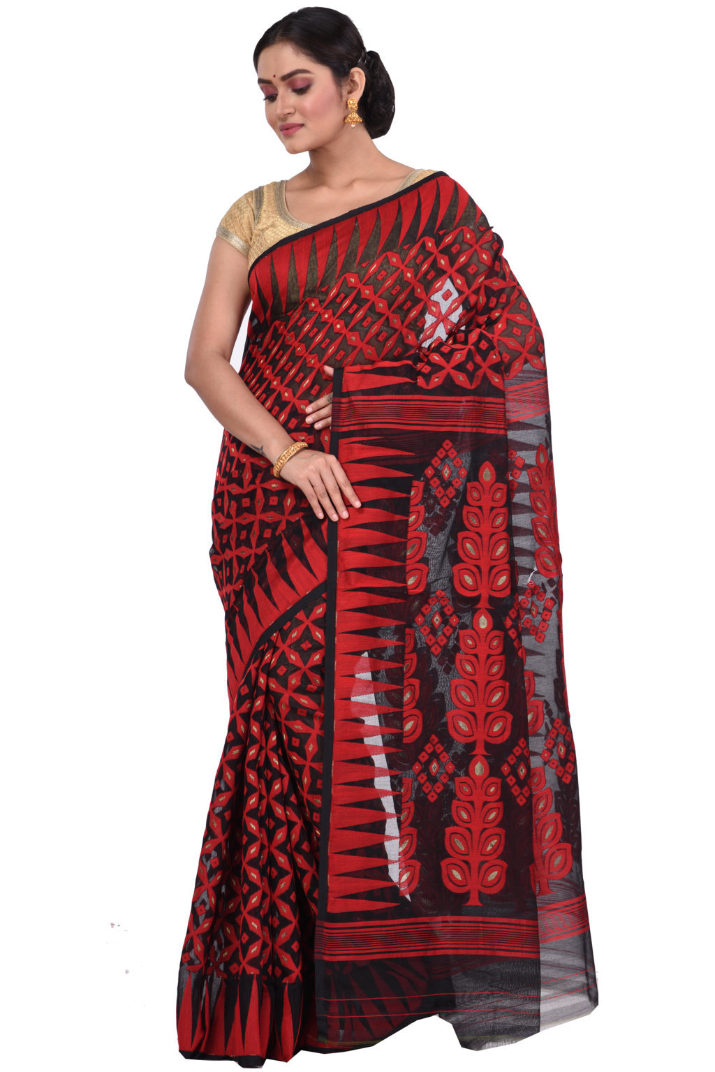 Marun Pure Cotton Minakari_Jmdni Jamdani Saree (692)